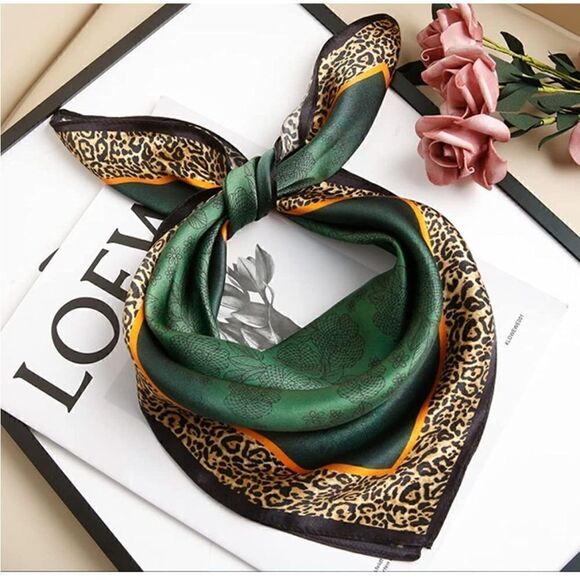 Green and Cheetah Mulberry Silk Neck Scarf main image 5